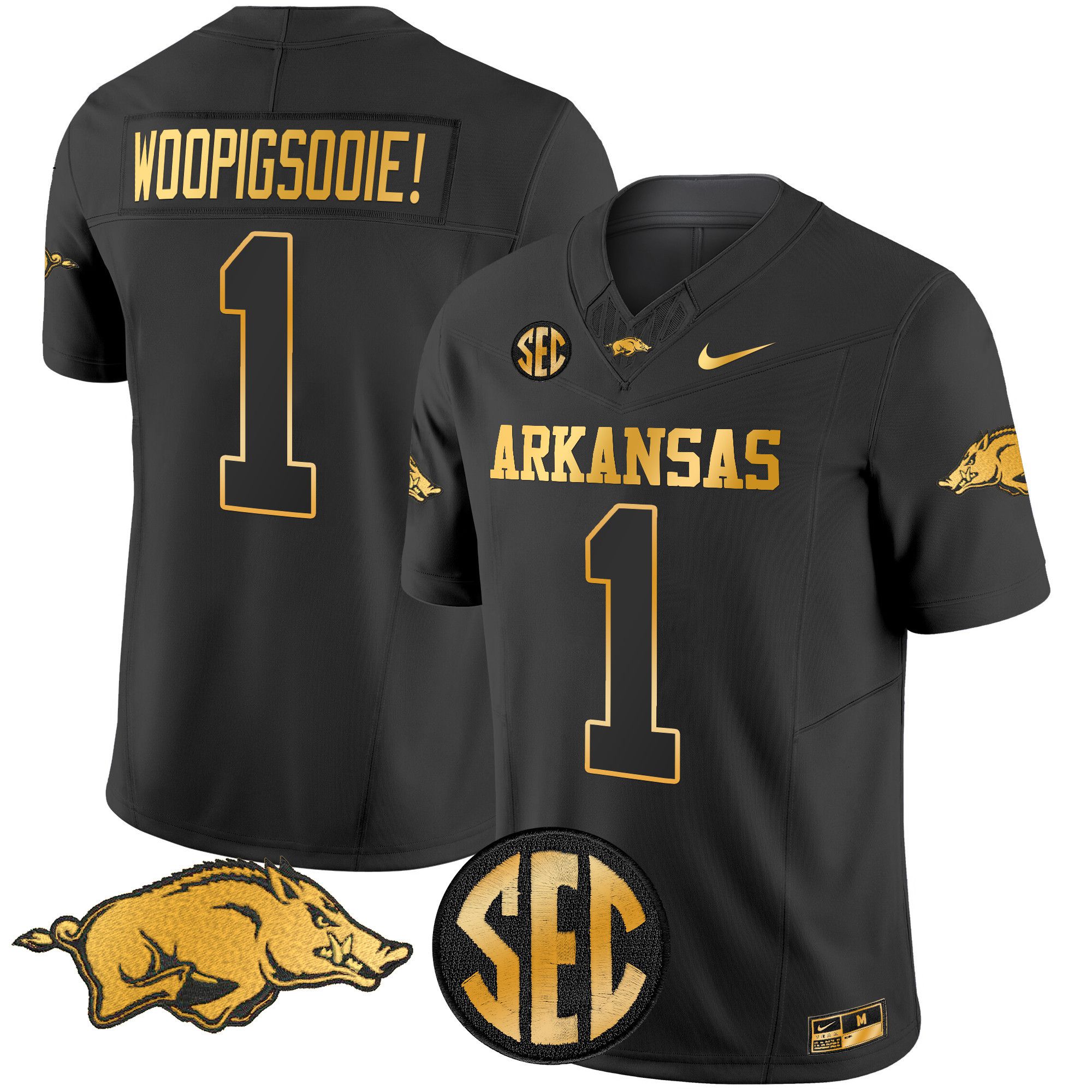 Men Arkansas Razorbacks #1 Woopigsooie Black Nike 2024 Gold Vapor Limited NCAA Jersey style 1